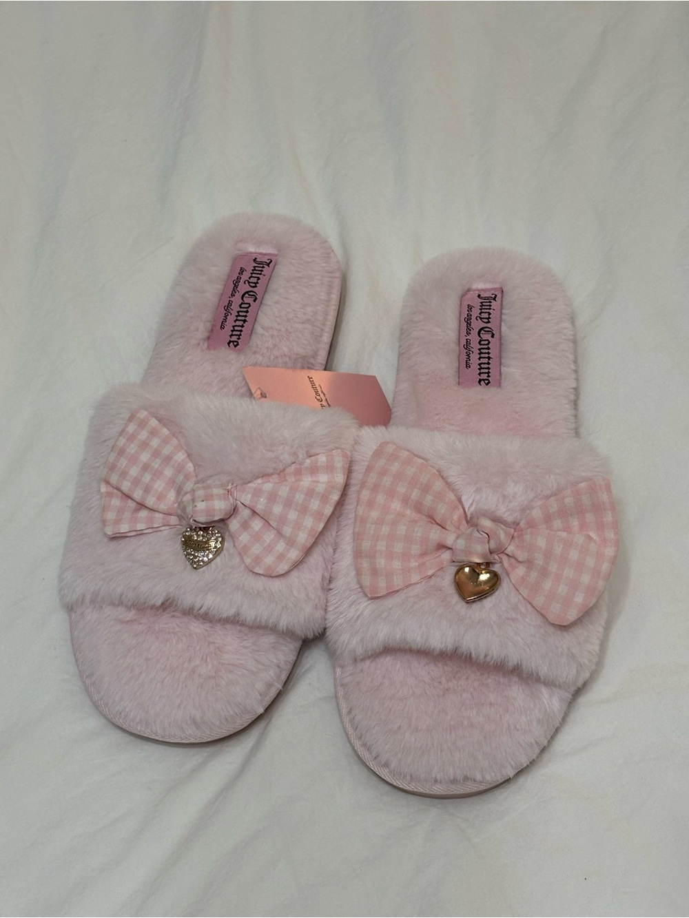 Juicy Couture Light Pink Fuzzy Slide Slippers with Gingham Bow & Heart Charm